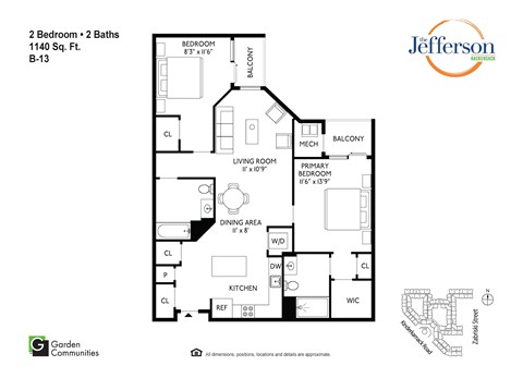 Floor plan for 2 beds, 2 baths, 1140 sqft